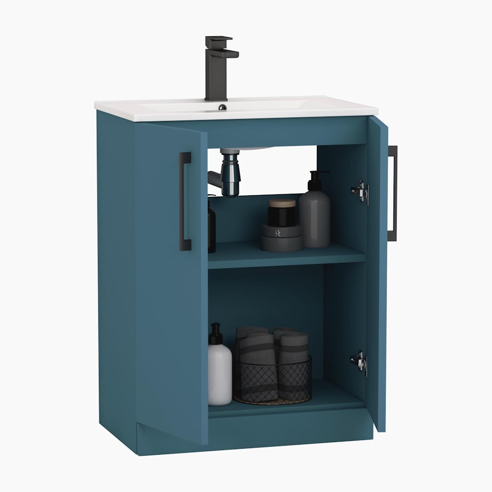 Modena 500mm Satin Blue Floor Standing Vanity Unit 2 Door Minimalist Basin With Black Handle