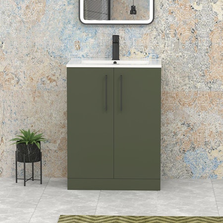 Modena 800mm Satin Green Floor Standing Vanity Unit 2 Door Minimalist Basin With Black Handle
