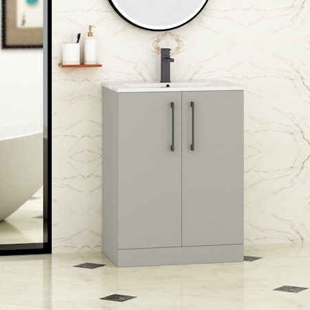 Modena 800mm Satin Grey Floor Standing Vanity Unit 2 Door Minimalist Basin With Black Handle