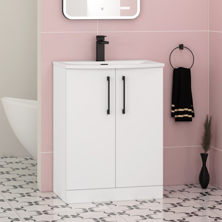 Modena Satin White 2 Door Floor Standing Vanity Unit with Curved Basin & Multiple Size & Handles