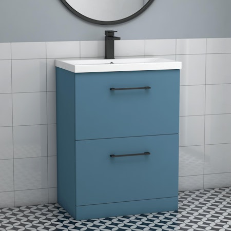Modena Satin Blue 2 Drawer Floor Standing Vanity Unit with Mid-Edge Basin & Multiple Size & Handles