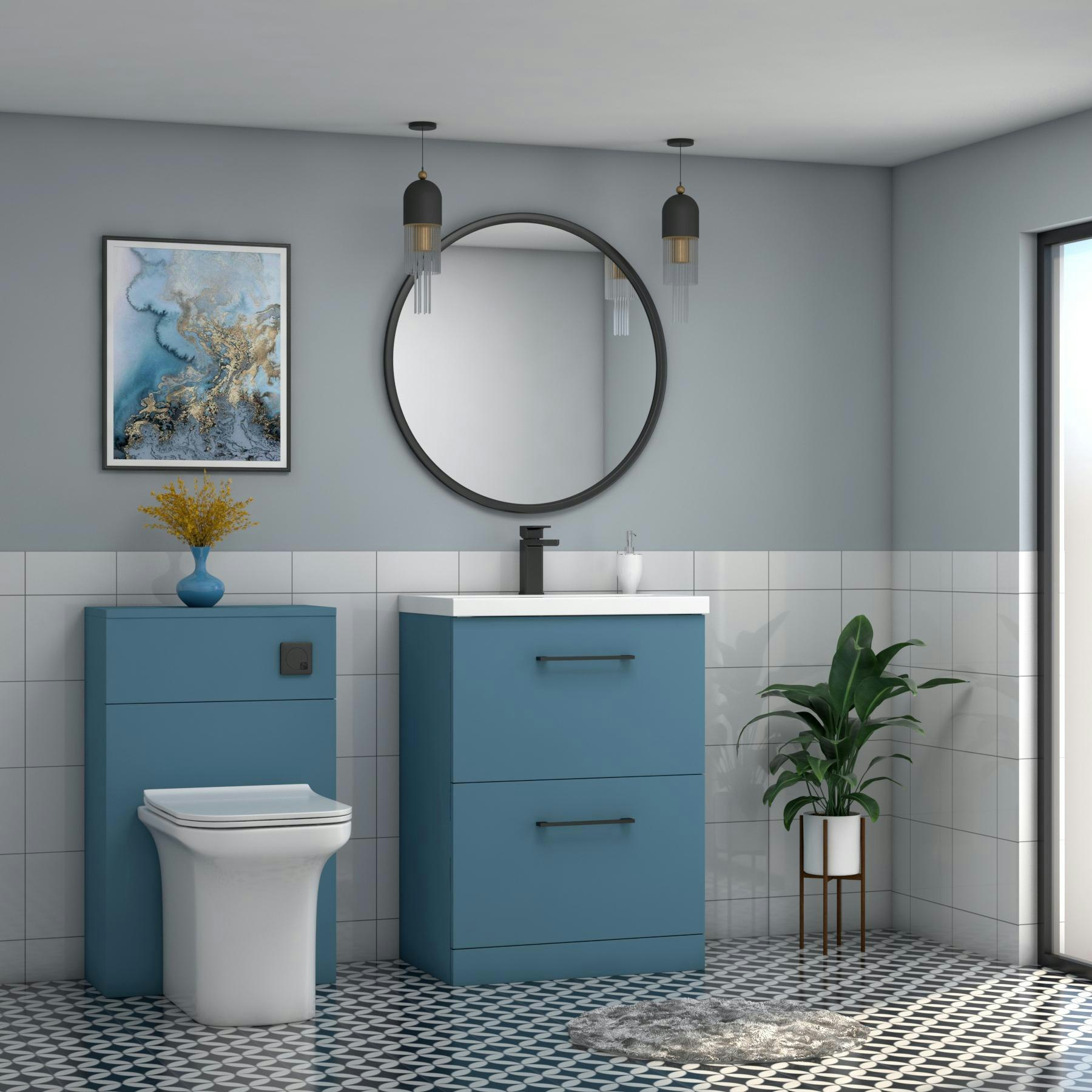 Modena Satin Blue 2 Drawer Floor Standing Vanity Unit with Minimalist Basin & Multiple Size & Handles