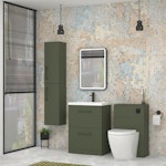 Modena Satin Green 2 Drawer Floor Standing Vanity Unit with Mid-Edge Basin & Multiple Size & Handles