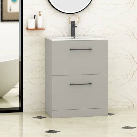 Modena Satin Grey 2 Drawer Floor Standing Vanity Unit with Minimalist Basin & Multiple Size & Handles