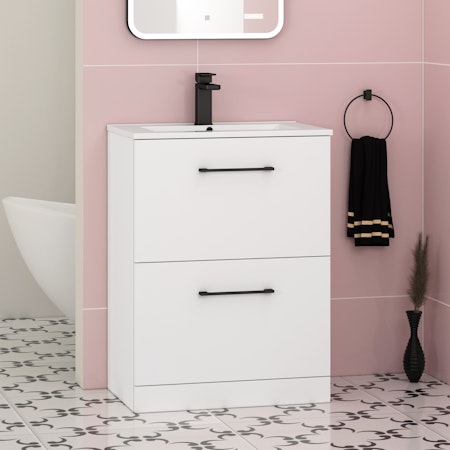 Modena Satin White 2 Drawer Floor Standing Vanity Unit with Minimalist Basin & Multiple Size & Handles