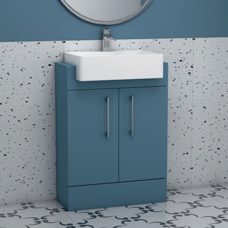 Elena 600mm Floor Standing Vanity Sink Unit Satin Blue 2 Door With Semi Recessed Basin