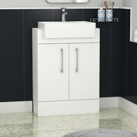Elena 600mm Floor Standing Vanity Sink Unit Satin White 2 Door With Semi Recessed Basin