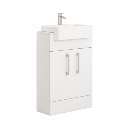 Elena 600mm Satin White Floor Standing Vanity Unit 2 Door With Semi Recessed Basin - Multiple Handles