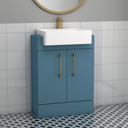 Elena 600mm Floor Standing Vanity Sink Unit Satin Blue 2 Door With Semi Recessed Basin - Brushed Brass Handle