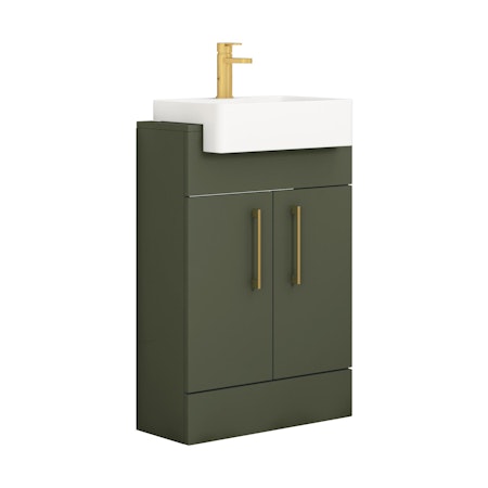 Elena 600mm Satin Green Floor Standing Vanity Unit 2 Door With Semi Recessed Basin - Multiple Handles