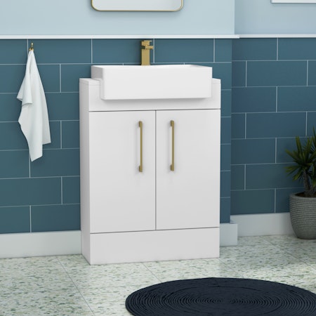Elena 600mm Floor Standing Vanity Sink Unit Satin White 2 Door With Semi Recessed Basin - Brushed Brass Handle