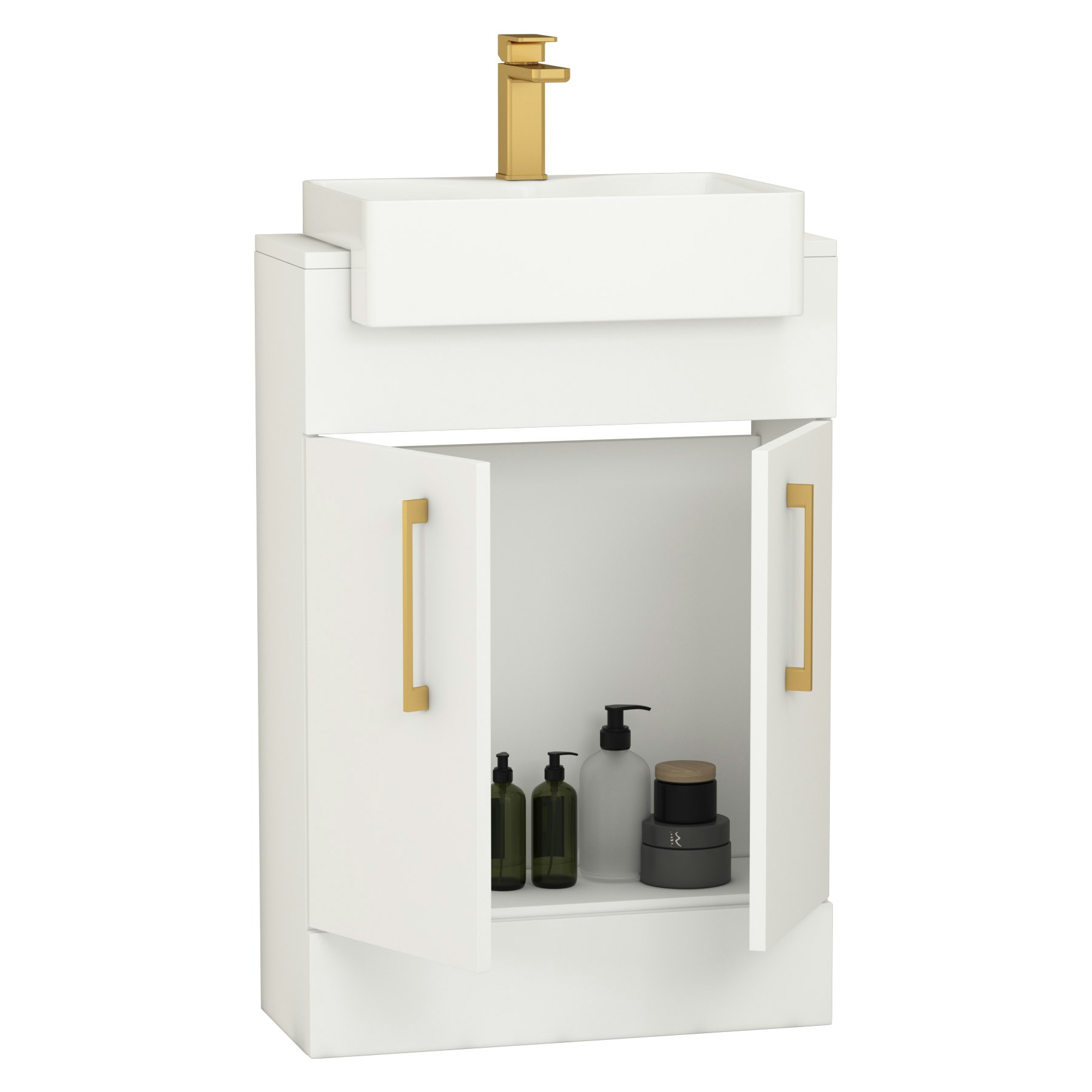 Elena 600mm Satin White Floor Standing Vanity Unit 2 Door With Semi Recessed Basin - Multiple Handles