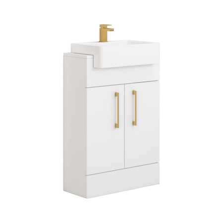 Elena 600mm Floor Standing Vanity Sink Unit Satin White 2 Door With Semi Recessed Basin - Brushed Brass Handle