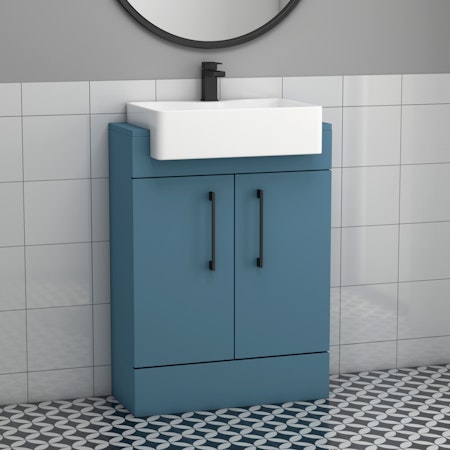Elena 600mm Floor Standing Vanity Sink Unit Satin Blue 2 Door With Semi Recessed Basin - Black Handle