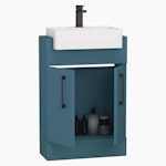 Elena 600mm Floor Standing Vanity Sink Unit Satin Blue 2 Door With Semi Recessed Basin - Black Handle