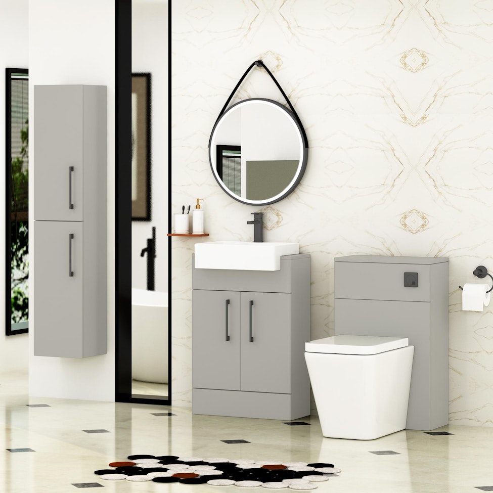 Elena 600mm Satin Grey Floor Standing Vanity Unit 2 Door With Semi Recessed Basin - Multiple Handles