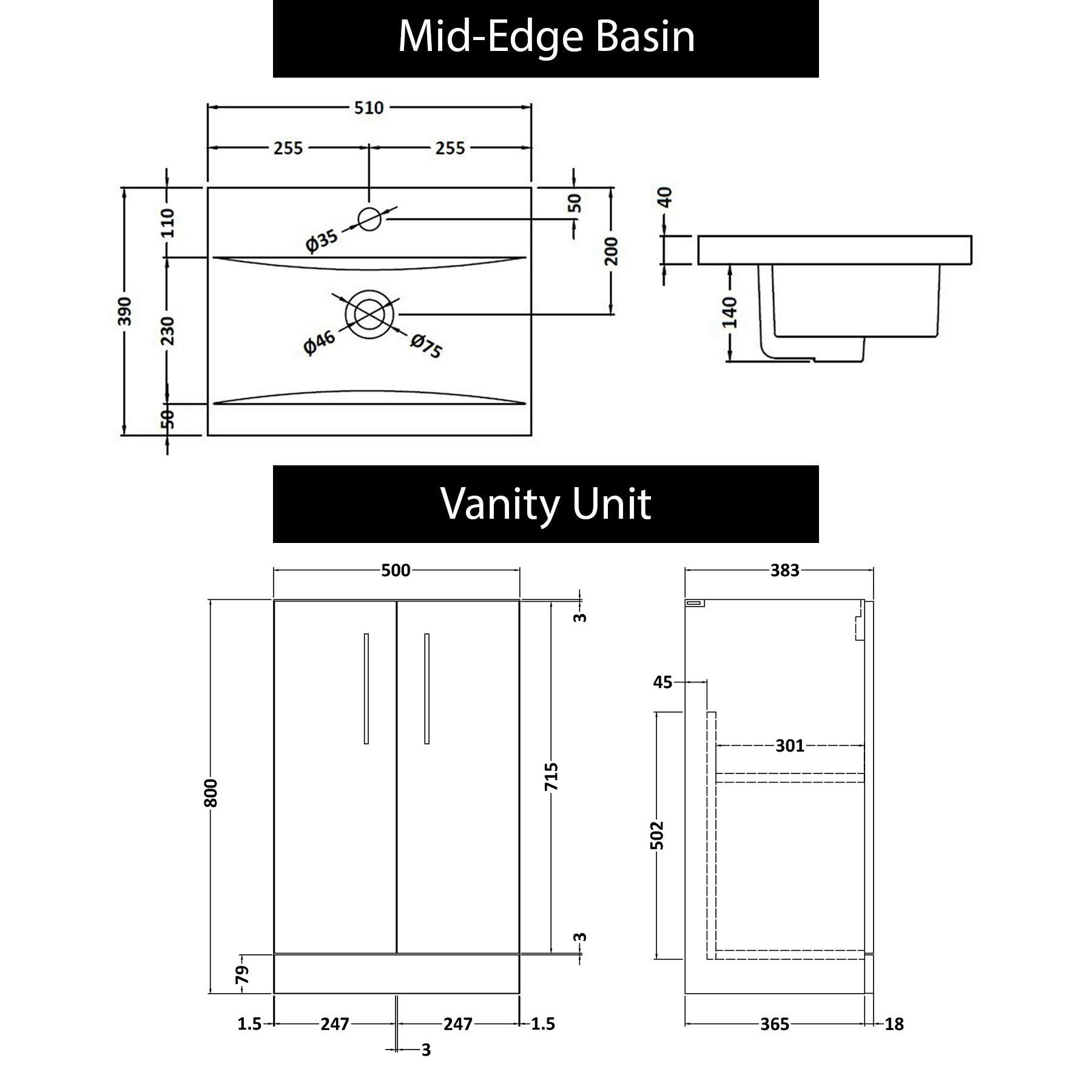Modena 500mm Satin Grey Floor Standing Vanity Unit 2 Door Cabinet with Mid-Edge Basin
