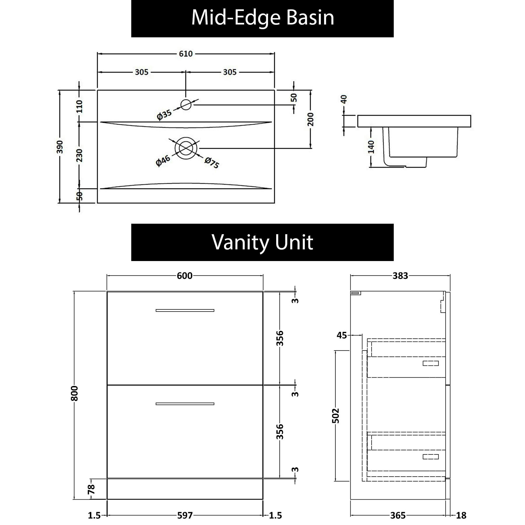 Modena 600mm Satin Grey Floor Standing Vanity Unit 2 Drawer Cabinet with Mid-Edge Basin