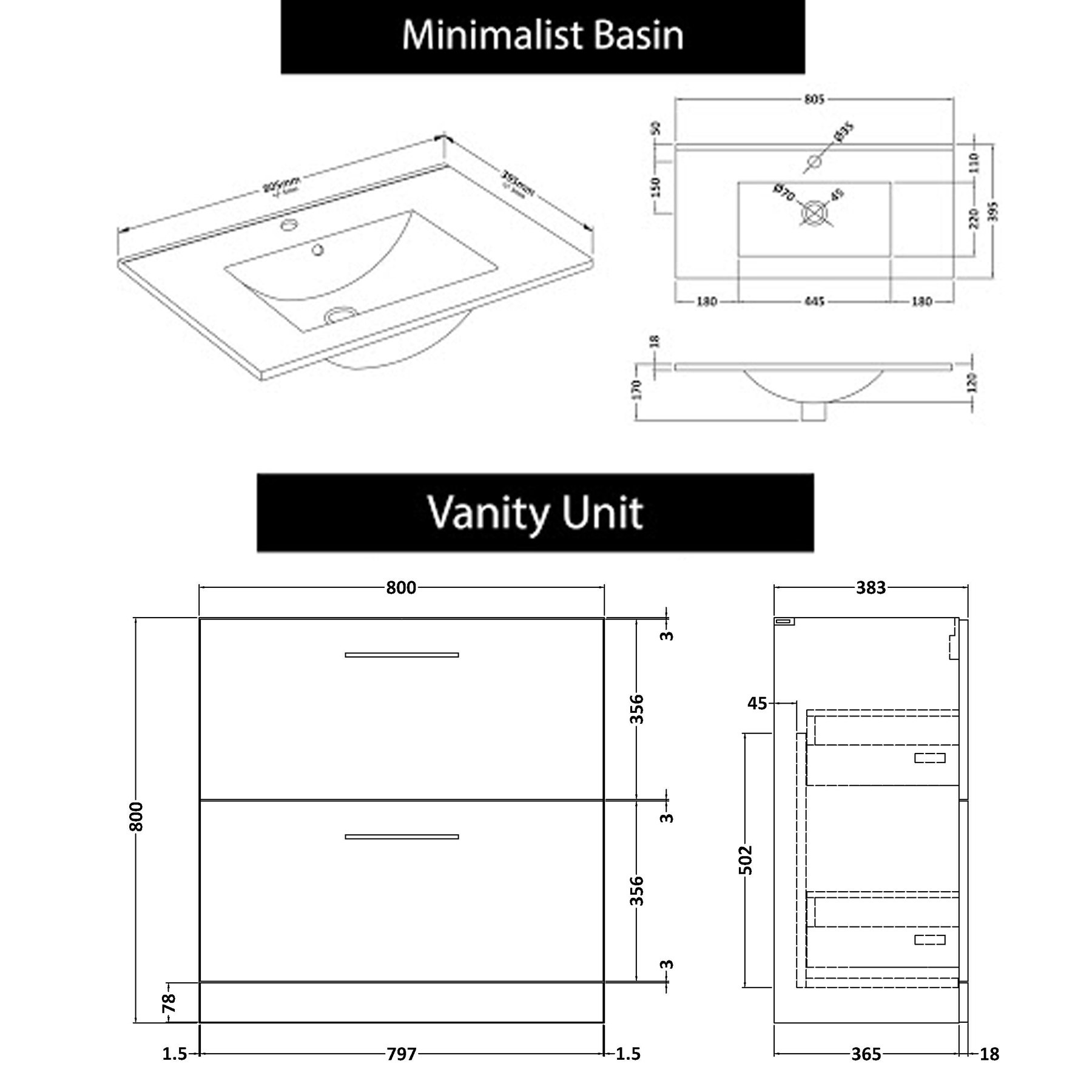 Modena 800mm Satin White Floor Standing Vanity Unit 2 Drawer Cabinet with Minimalist Basin