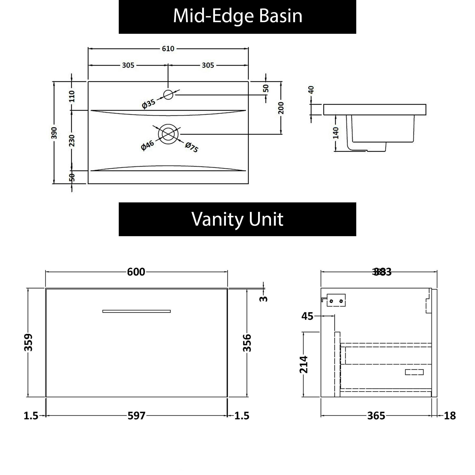 Modena 600mm Satin White Wall Hung Vanity Unit 1 Drawer Mid-Edge Basin