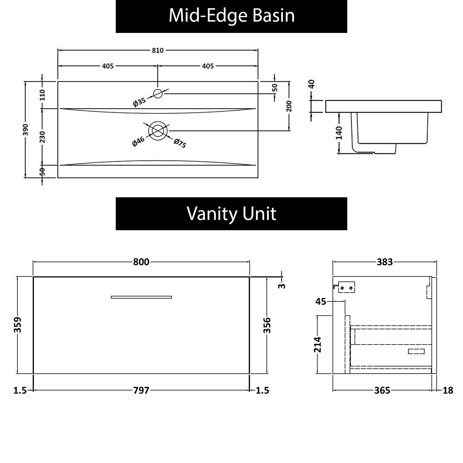 Modena 800mm Satin White Wall Hung Vanity Unit 1 Drawer Mid-Edge Basin