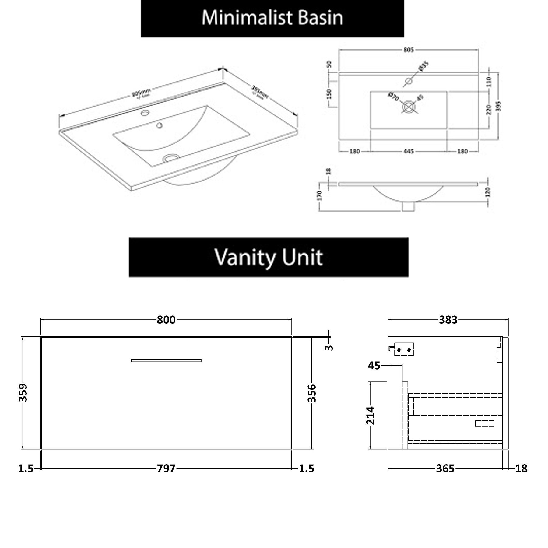 Modena 800mm Satin Grey Wall Hung Vanity Unit 1 Drawer Minimalist Basin