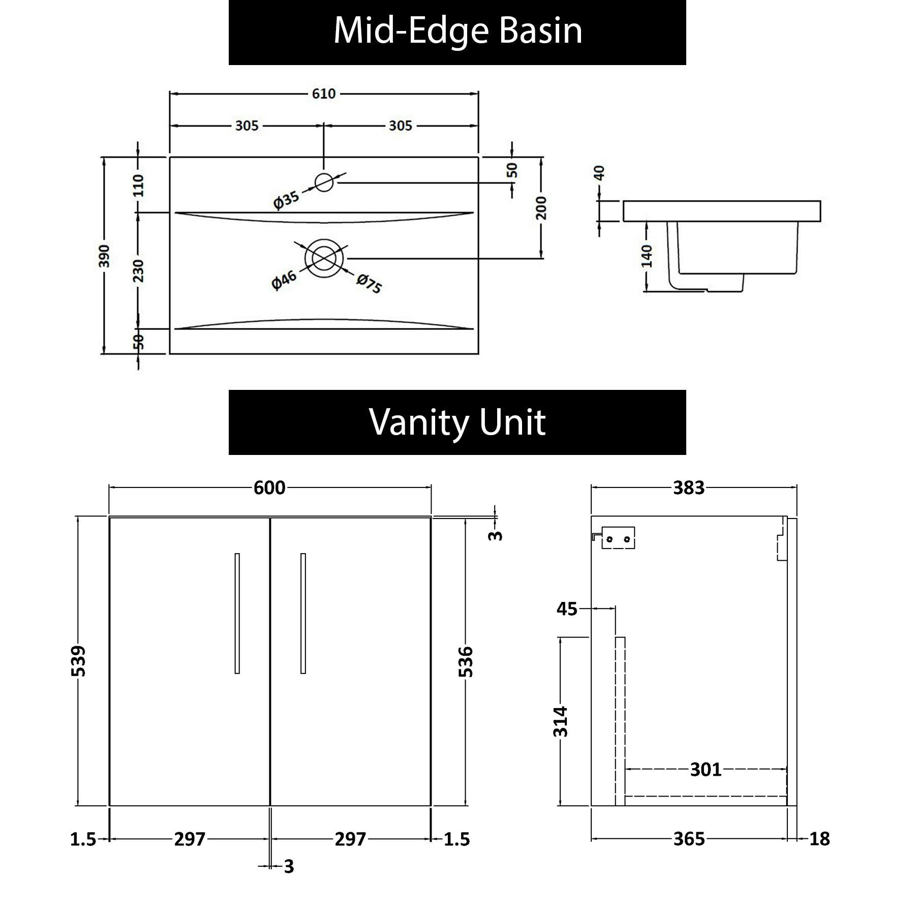 Modena 600mm Satin White Wall Hung Vanity Unit 2 Door Mid-Edge Basin With Black Handle