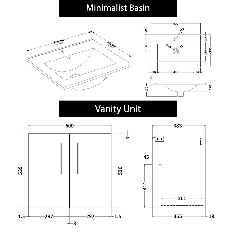 Modena 600mm Satin White Wall Hung Vanity Unit 2 Door Minimalist Basin With Black Handle