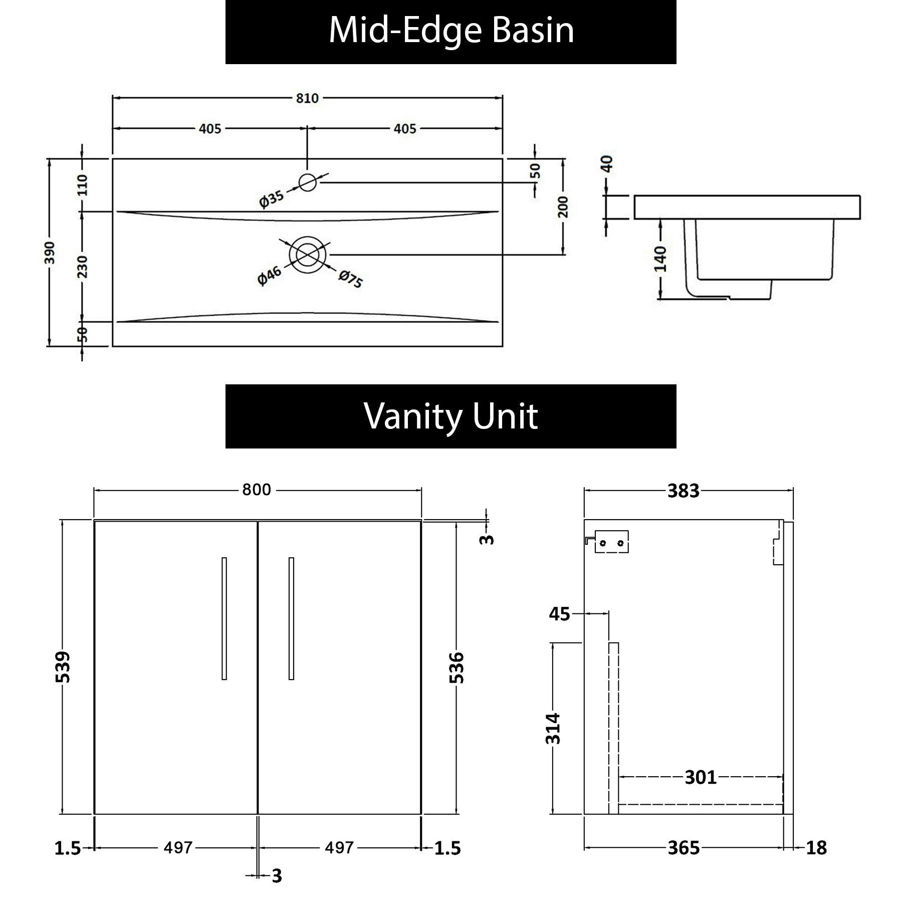 Modena 800mm Satin White Wall Hung Vanity Unit 2 Door Mid-Edge Basin With Black Handle