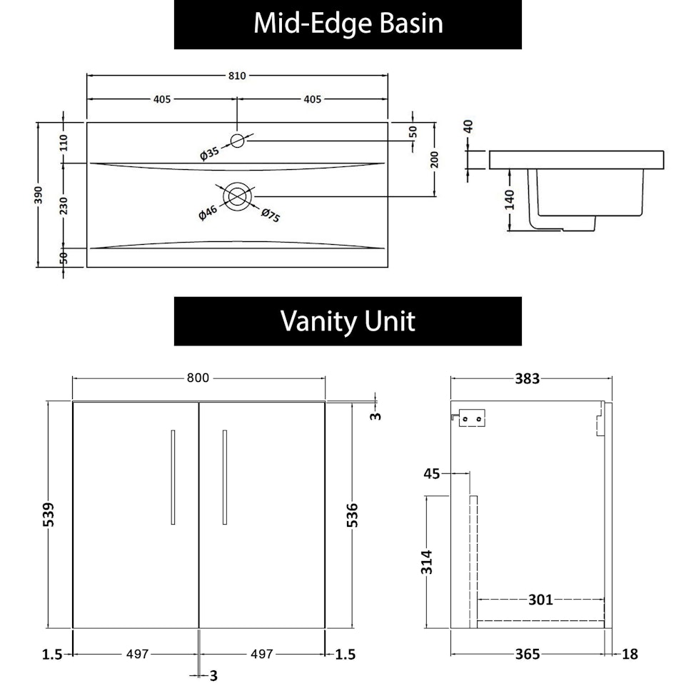 Modena 800mm Satin White Wall Hung Vanity Unit 2 Door Mid-Edge Basin With Black Handle