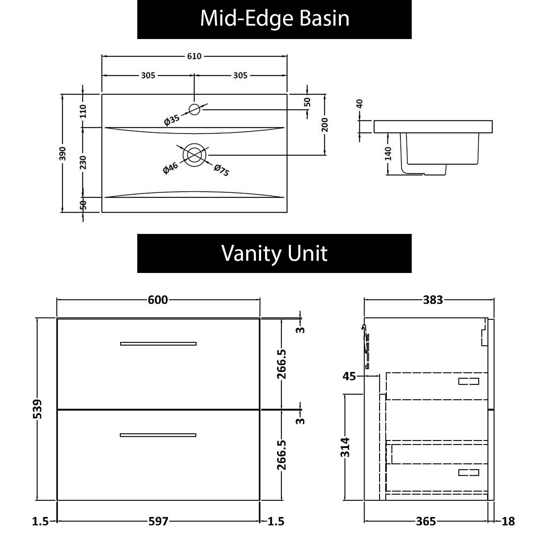 Modena 600mm Satin Grey Wall Hung Vanity Unit 2 Drawer Mid-Edge Basin With Black Handle