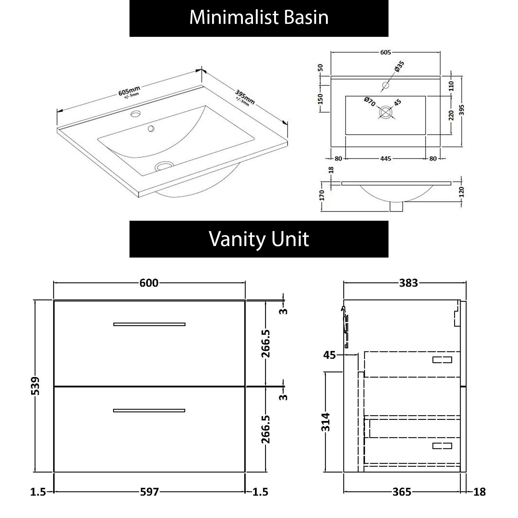Modena 600mm Satin Grey Wall Hung Vanity Unit 2 Drawer Minimalist Basin With Black Handle