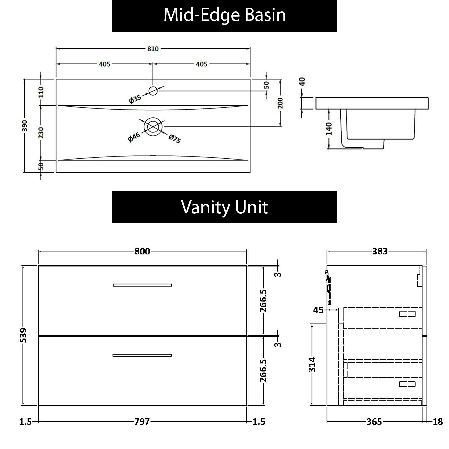 Modena 800mm Satin Grey Wall Hung Vanity Unit 2 Drawer Mid-Edge Basin With Black Handle