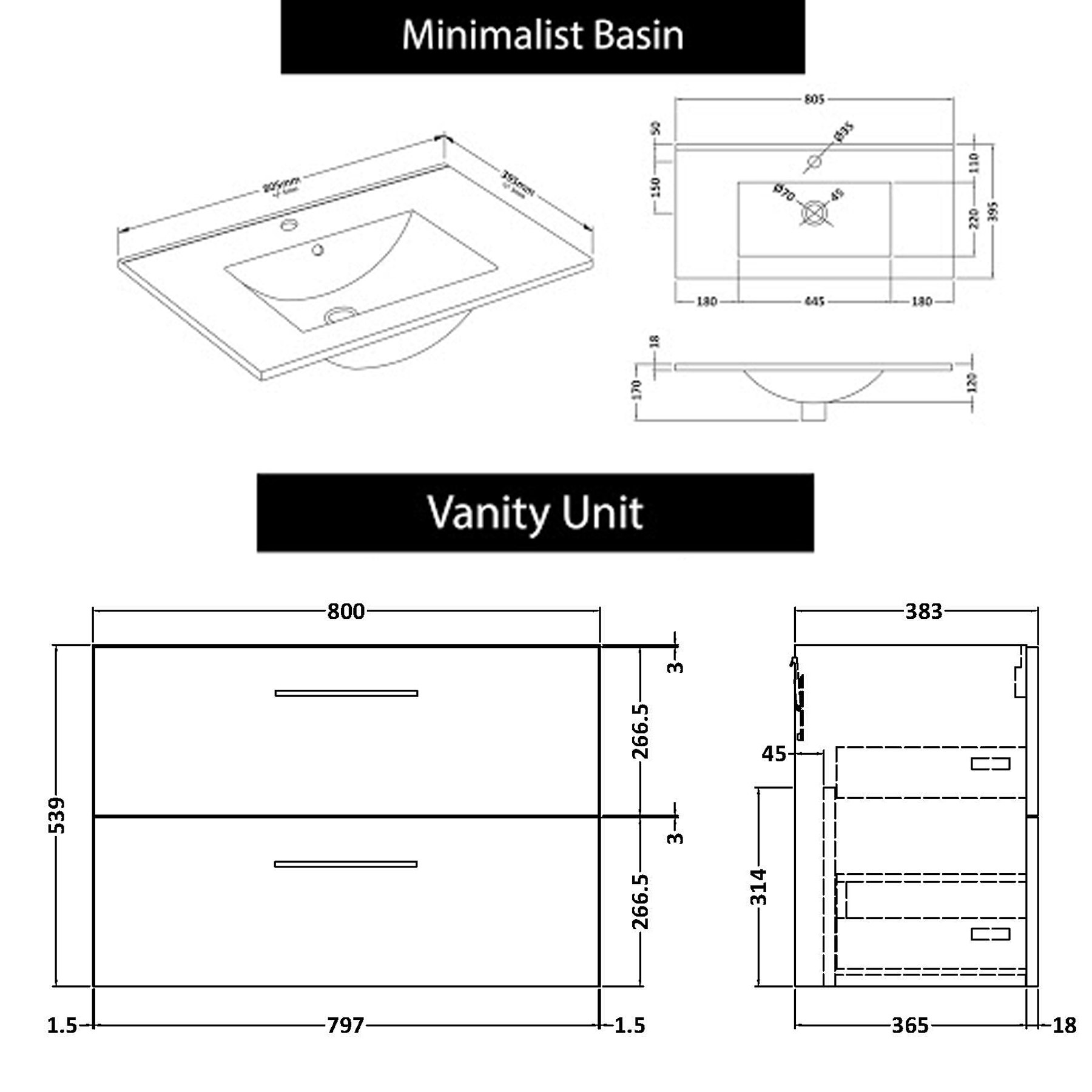 Modena 800mm Satin White Wall Hung Vanity Unit 2 Drawer Minimalist Basin With Black Handle