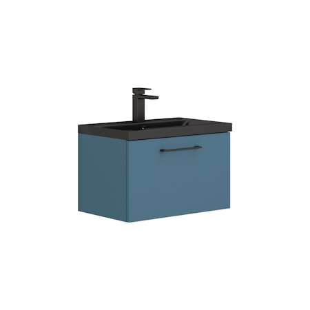  Modena Satin Blue 1 Drawer Wall Hung Vanity Unit with Black Mid-Edge Basin - Multiple Sizes