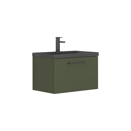  Modena Satin Green 1 Drawer Wall Hung Vanity Unit with Black Mid-Edge Basin - Multiple Sizes
