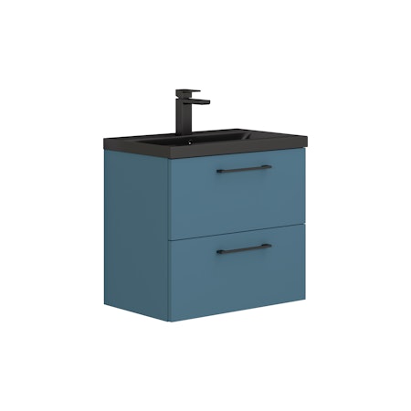  Modena Satin Blue 2 Drawer Wall Hung Vanity Unit with Black Mid-Edge Basin - Multiple Sizes