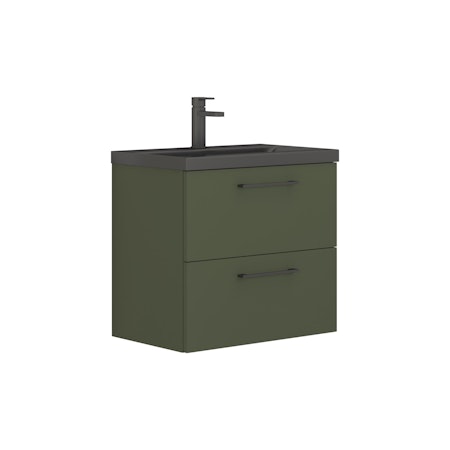  Modena Satin Green 2 Drawer Wall Hung Vanity Unit with Black Mid-Edge Basin - Multiple Sizes