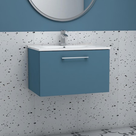 Modena 500mm Satin Blue Wall Hung Vanity Unit 1 Drawer Minimalist Basin