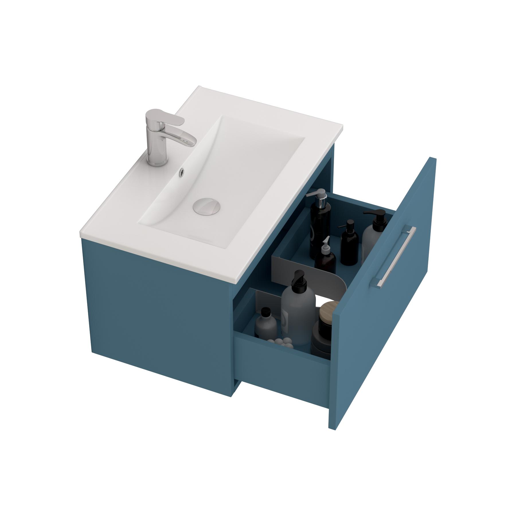 Modena Satin Blue 1 Drawer Wall Mounted Vanity Unit with Minimalist Basin - Optional Size & Handles