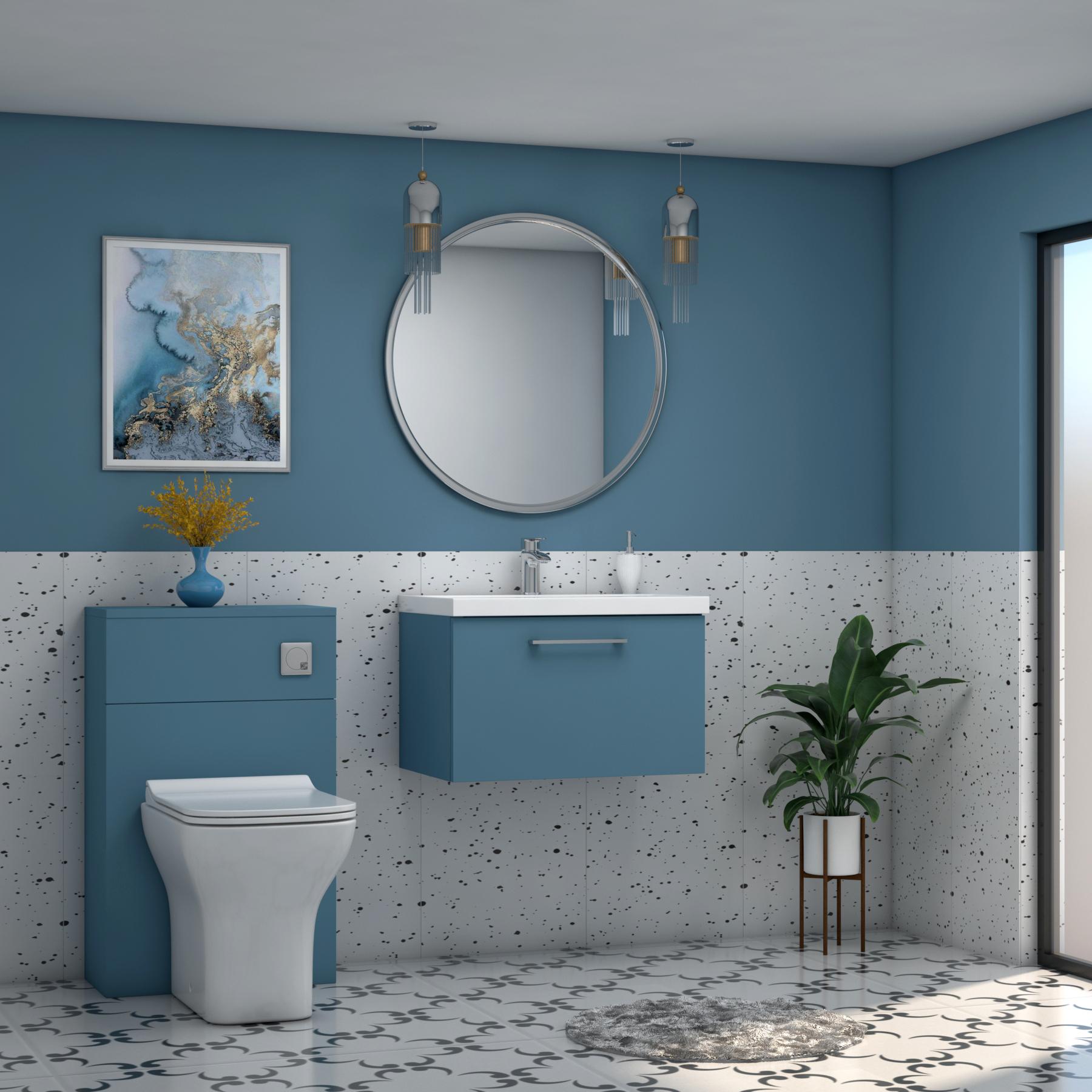 Modena Satin Blue 1 Drawer Wall Mounted Vanity Unit with Mid-Edge Basin - Optional Size & Handles