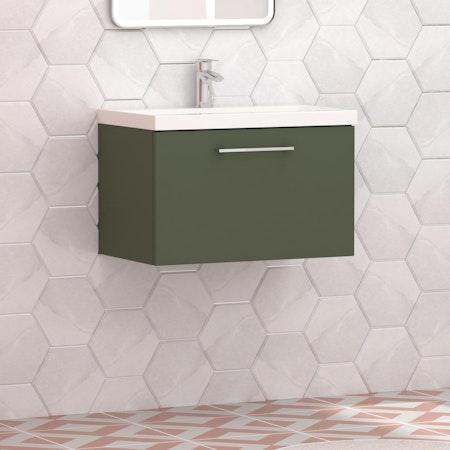 Modena Satin Green 1 Drawer Wall Mounted Vanity Unit with Mid-Edge Basin - Optional Size & Handles
