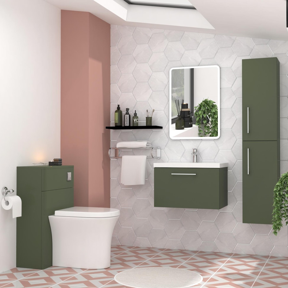 Modena Satin Green 1 Drawer Wall Mounted Vanity Unit with Minimalist Basin - Optional Size & Handles