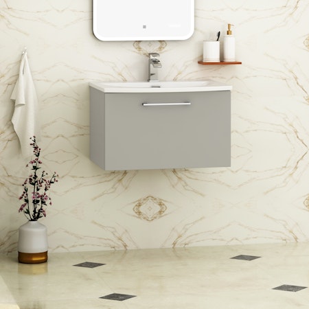 Modena Satin Grey 1 Drawer Wall Mounted Vanity Unit with Curved Basin - Optional Size & Handles