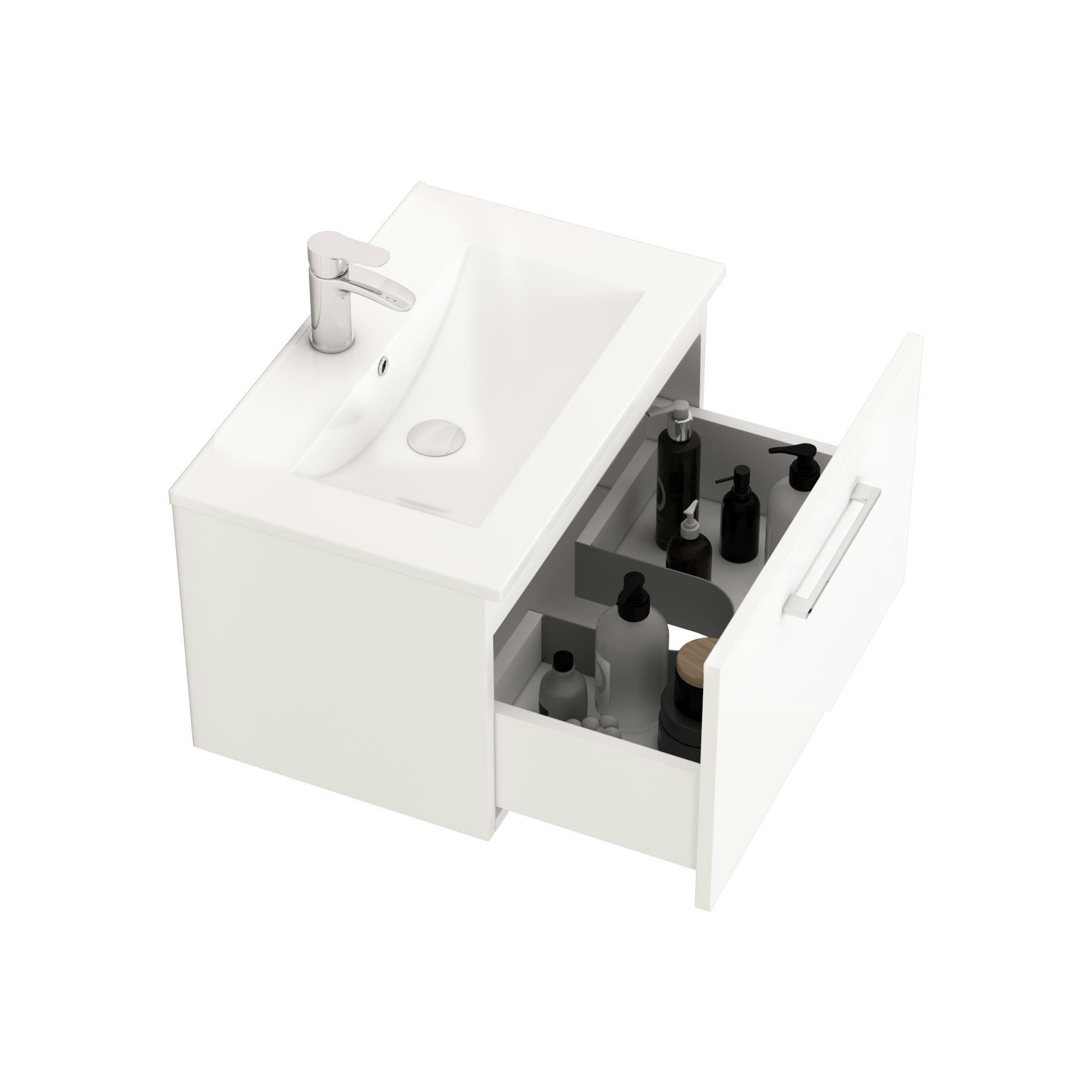 Modena 600mm Satin White Wall Hung Vanity Unit 1 Drawer Mid-Edge Basin - Royal Bathrooms