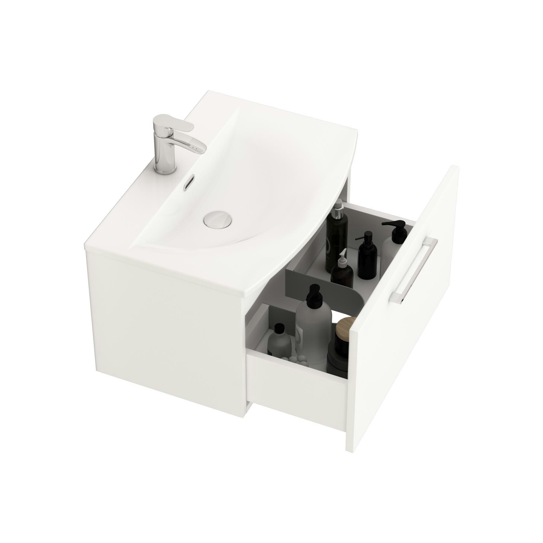 Modena 600mm Satin White Wall Hung Vanity Unit 1 Drawer Curved Basin