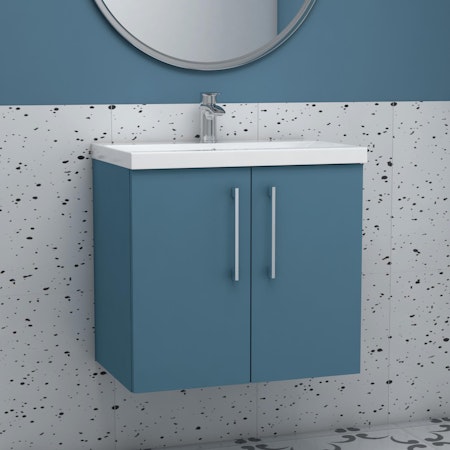 Modena 600mm Satin Blue Wall Hung Vanity Unit 2 Door Cabinet with Mid-Edge Basin