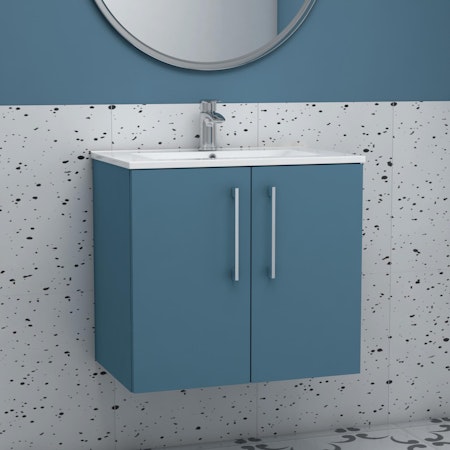 Modena Satin Blue 2 Door Wall Mounted Vanity Unit with Minimalist Basin - Optional Size & Handles