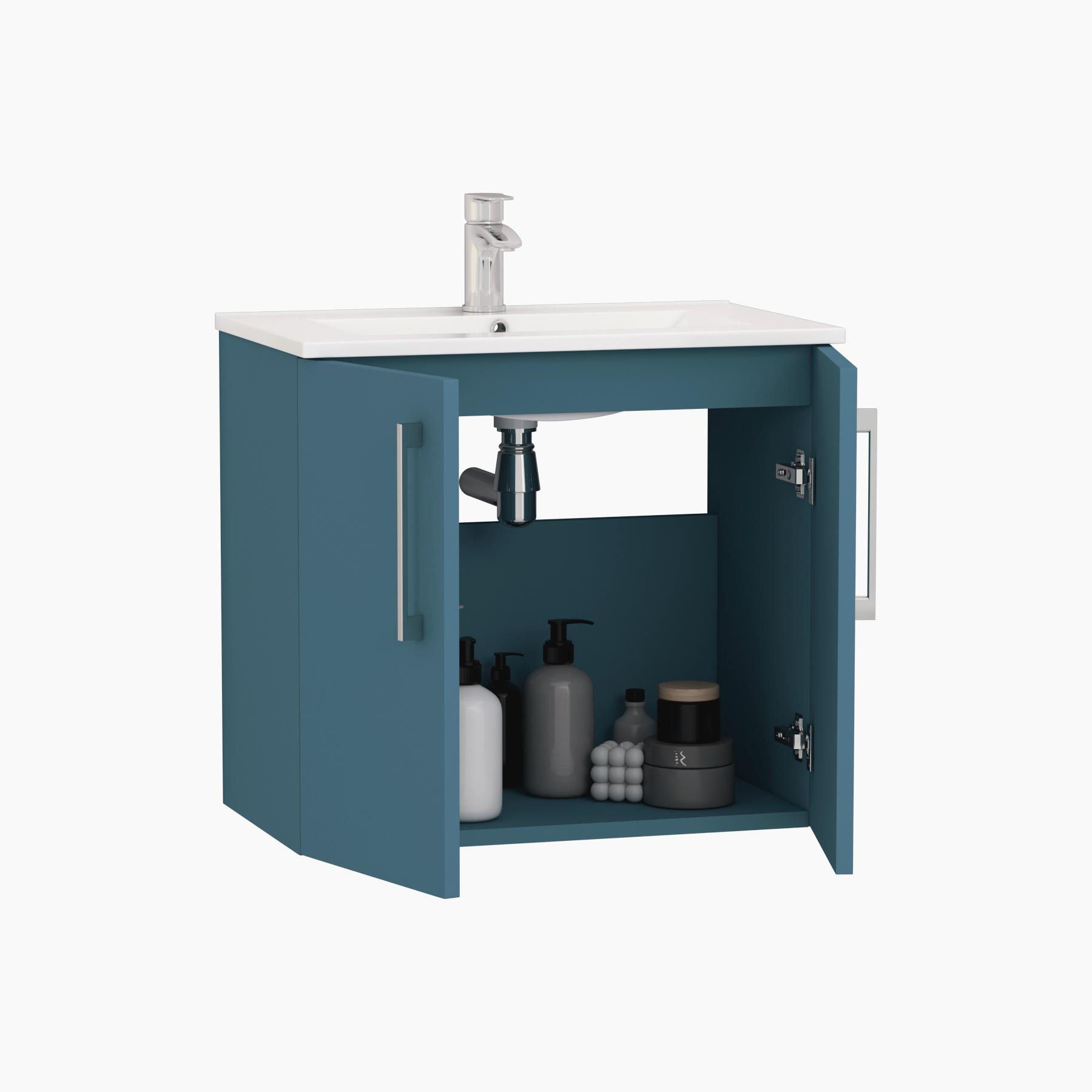 Modena Satin Blue 2 Door Wall Mounted Vanity Unit with Minimalist Basin - Optional Size & Handles