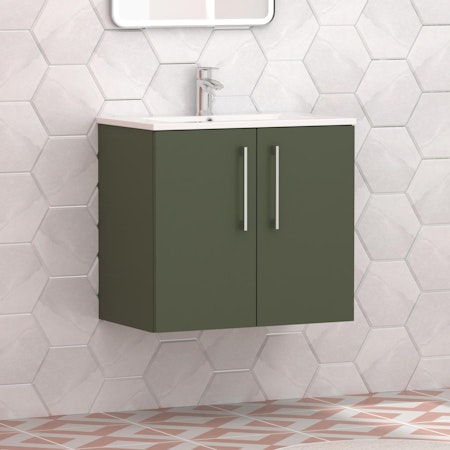 Modena 800mm Satin Green Wall Hung Vanity Unit 2 Door Cabinet with Minimalist Basin